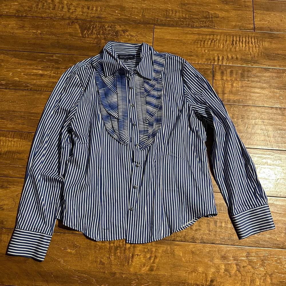 Jones New York Navy and White Striped Button Down Shirt